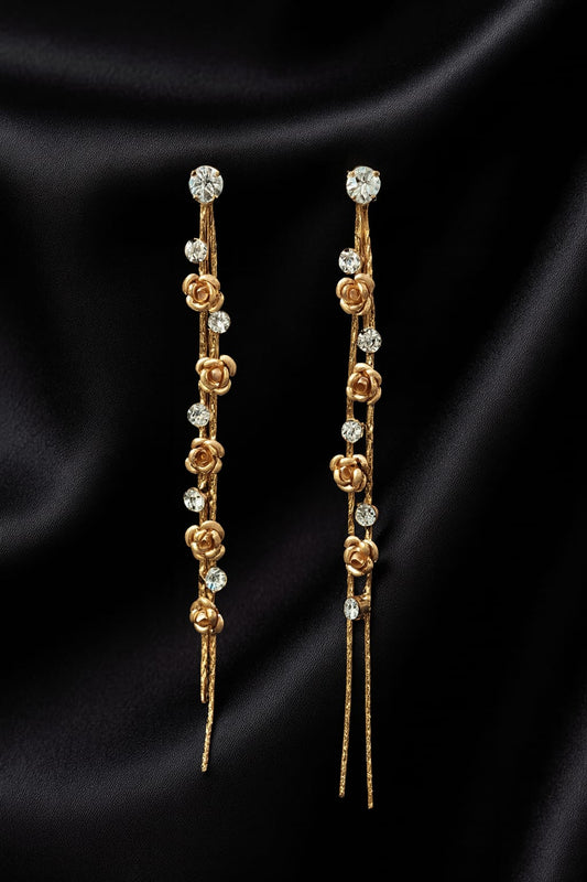 Gold Long Drop Earrings for Women with Pearl Accents | Designer Statement Earrings | Velvet Petals