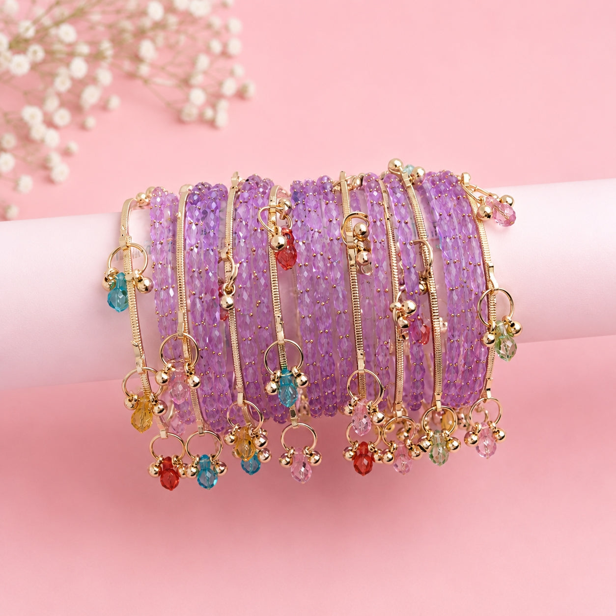 Black Kashmiri Bangle Set with Crystal Charms