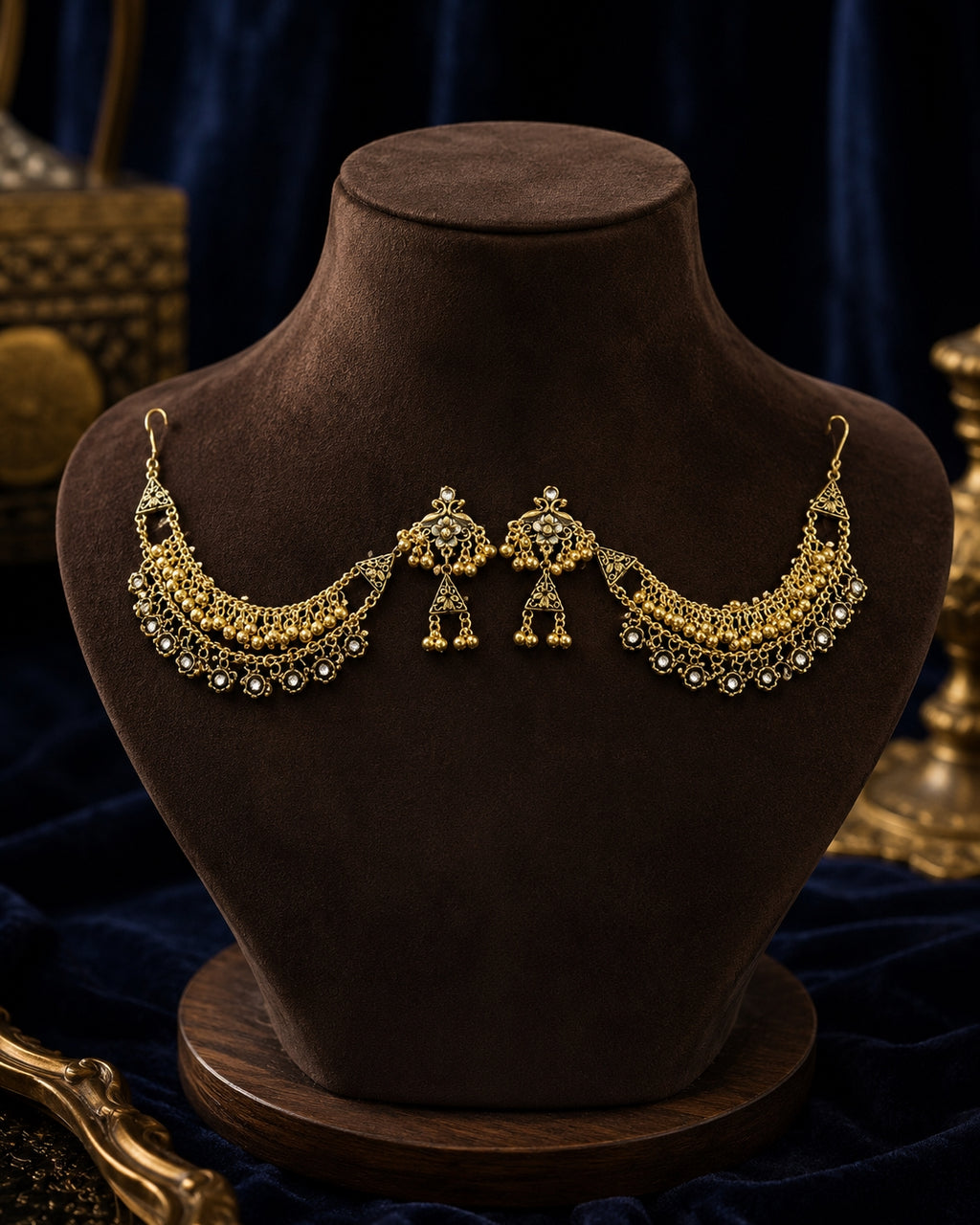 Antique Gold Bugadi Jhumka Earrings on mannequin