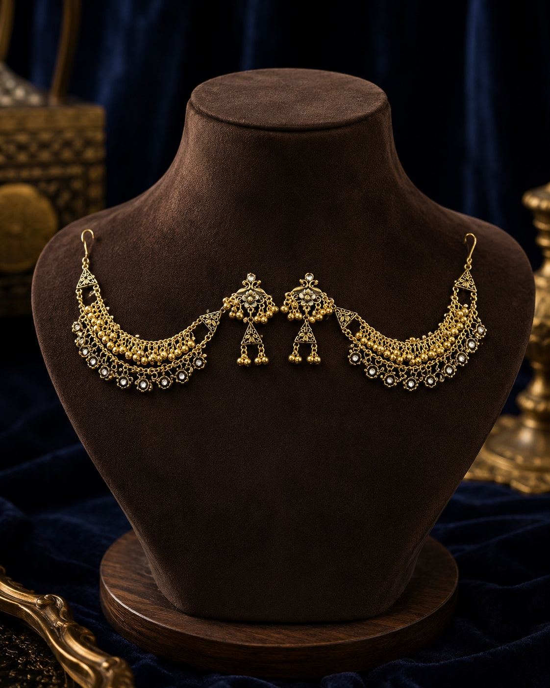 Antique Gold Bugadi Jhumka Earrings on mannequin